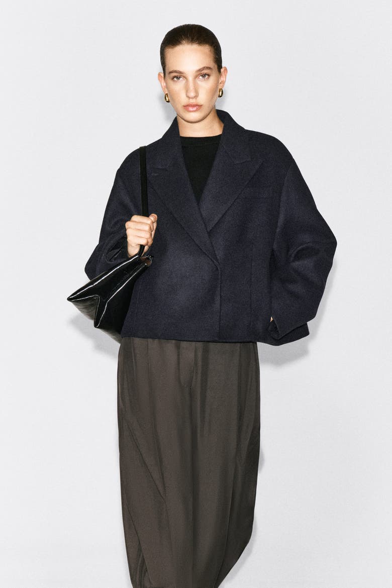 Oversized Cropped Boiled Wool-Blend Blazer, Alternate, color, NAVY