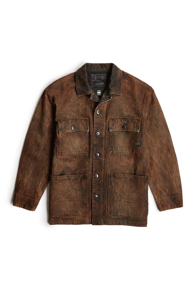 Leather Effect Cotton Denim Chore Jacket, Alternate, color, FADED COGNAC SKIN