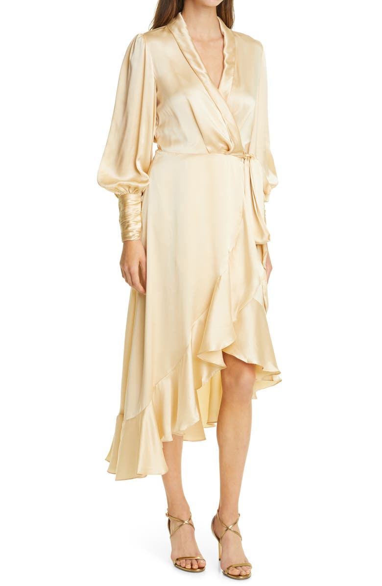 Zimmermann Long Sleeve Silk Satin Wrap Dress, Alternate, color, 