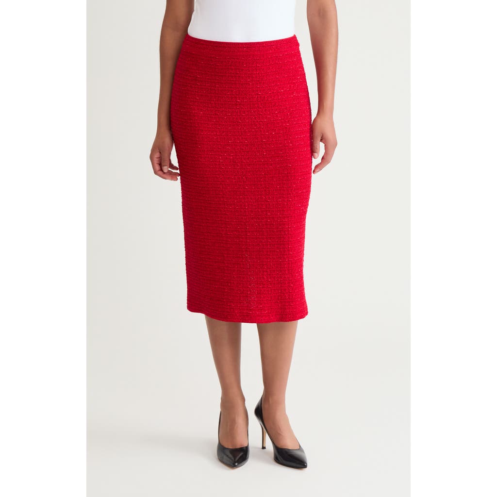 Ming Wang Tonal Eyelash Tweed Midi Pencil Skirt In Red