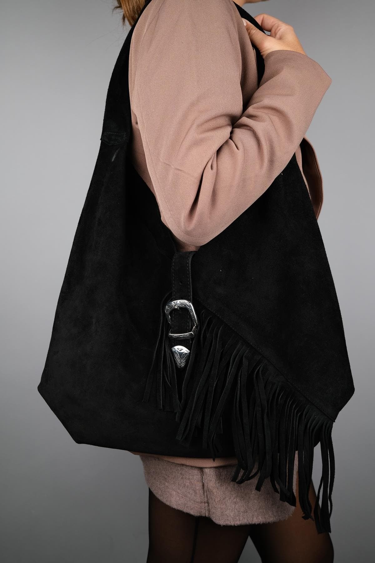 Forever & Always Shoes Rosalin Leather Tassel Shoulder Bag, Alternate, color, Black Suede