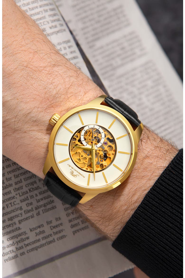 Cassius Leather Strap Watch, 45mm, Alternate, color, GOLD