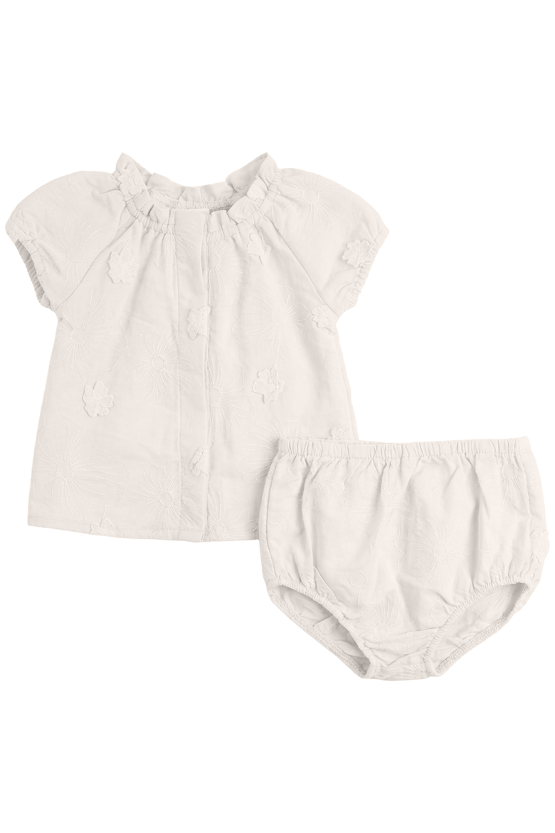 Girl Floral Embroidery Applique Ruffle Neck Blouse and Bloomers Set, Main, color, Ivory
