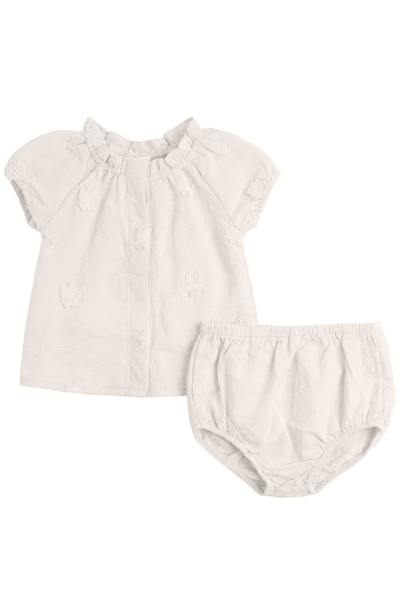 Posie & Pistachio Girl Floral Embroidery Applique Ruffle Neck Blouse and Bloomers Set, Main, color, Ivory
