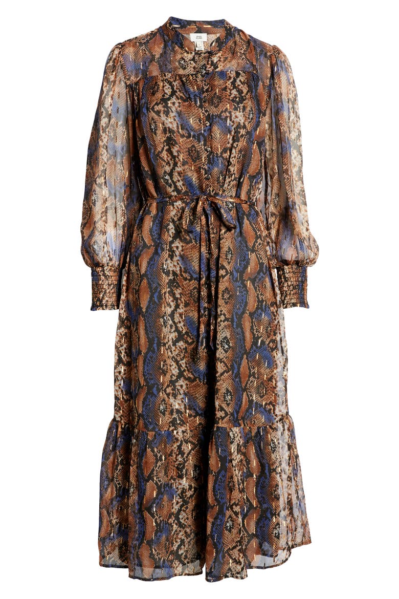 Snakeskin Print Tiered Long Sleeve Midi Dress, Alternate, color, BROWN