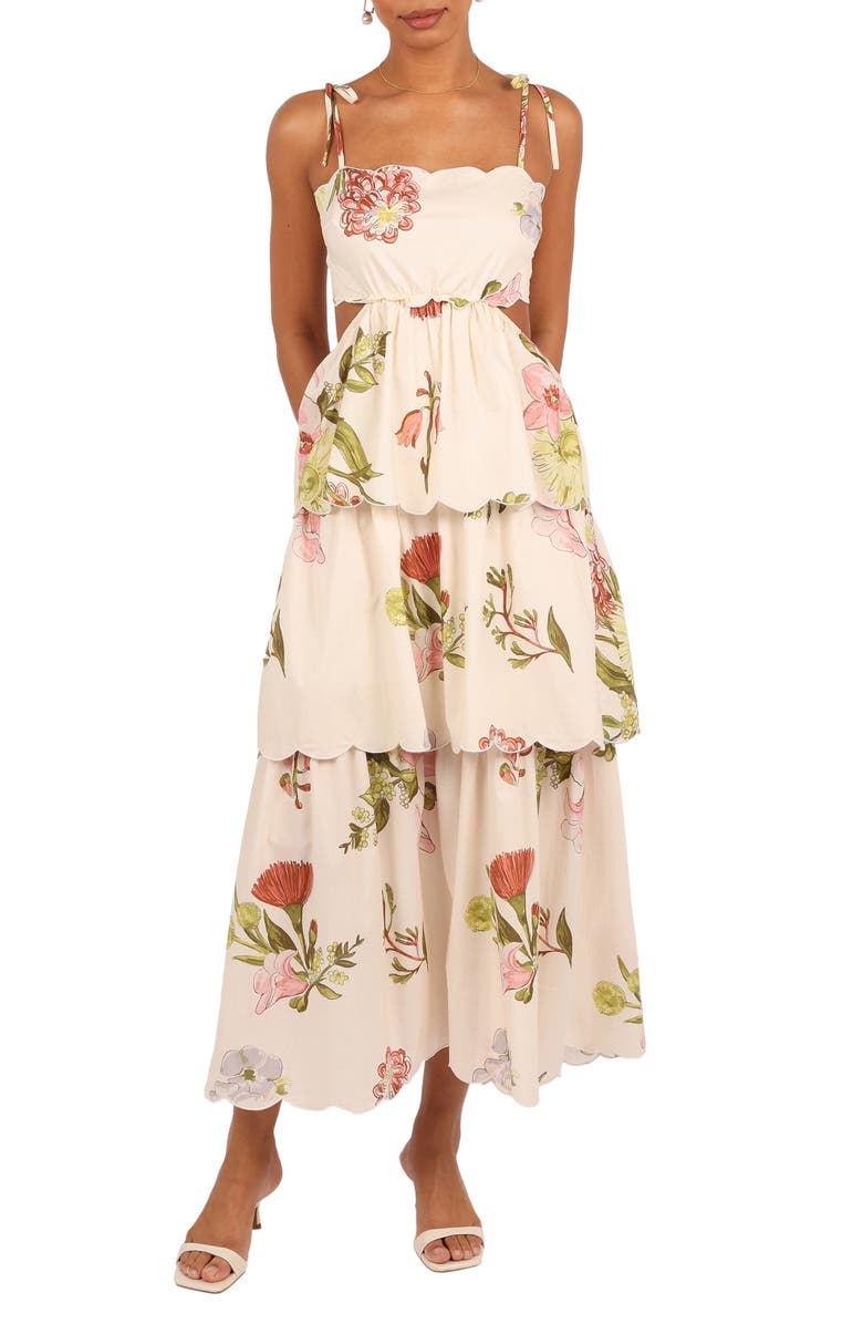 Petal & Pup Adelaide Scallop Cutout Tie Strap Maxi Dress, Main, color, Native Flora