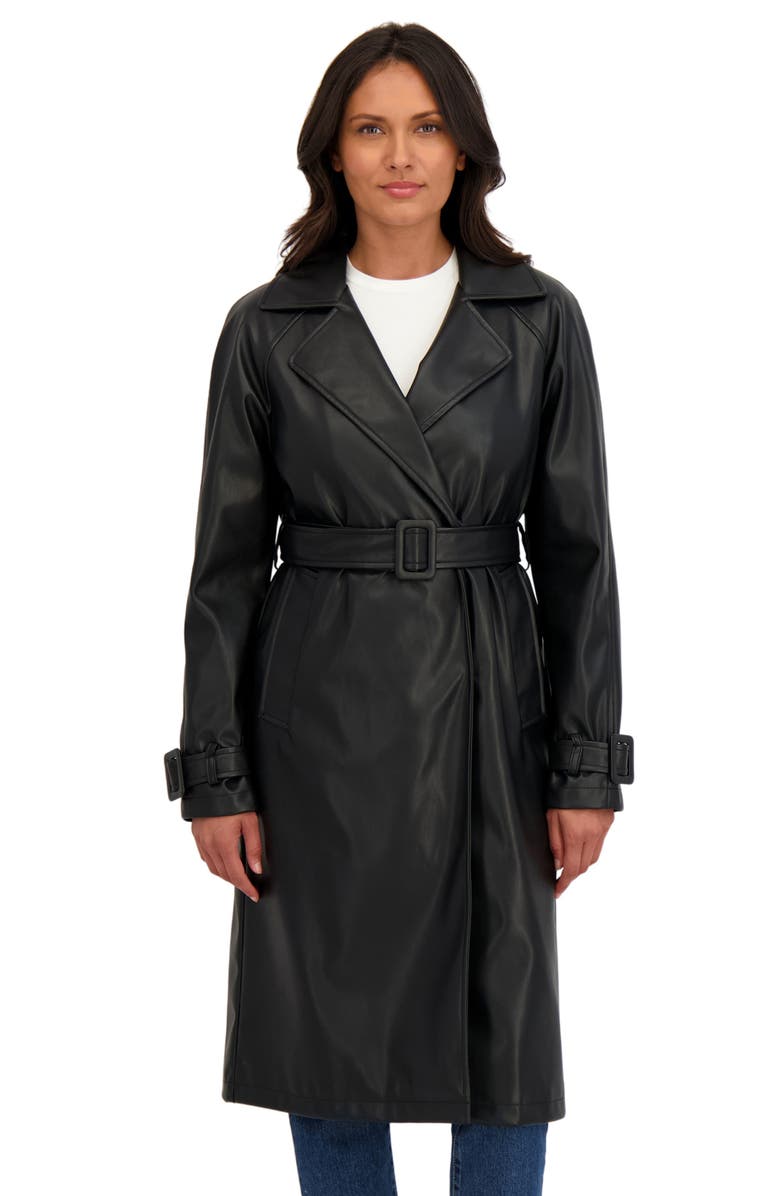 Sebby Faux Leather Trench Coat, Alternate, color, Black
