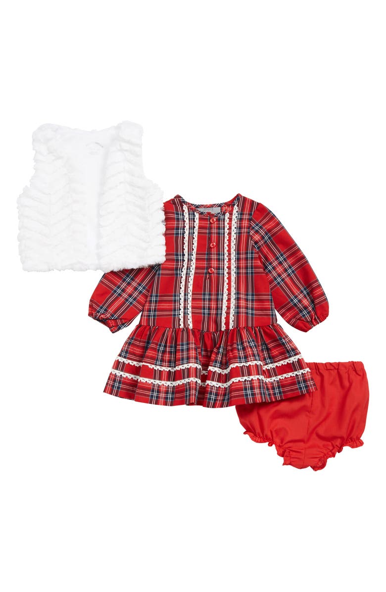 Pippa & Julie Plaid Dress & Faux Fur Vest Set, Main, color, 