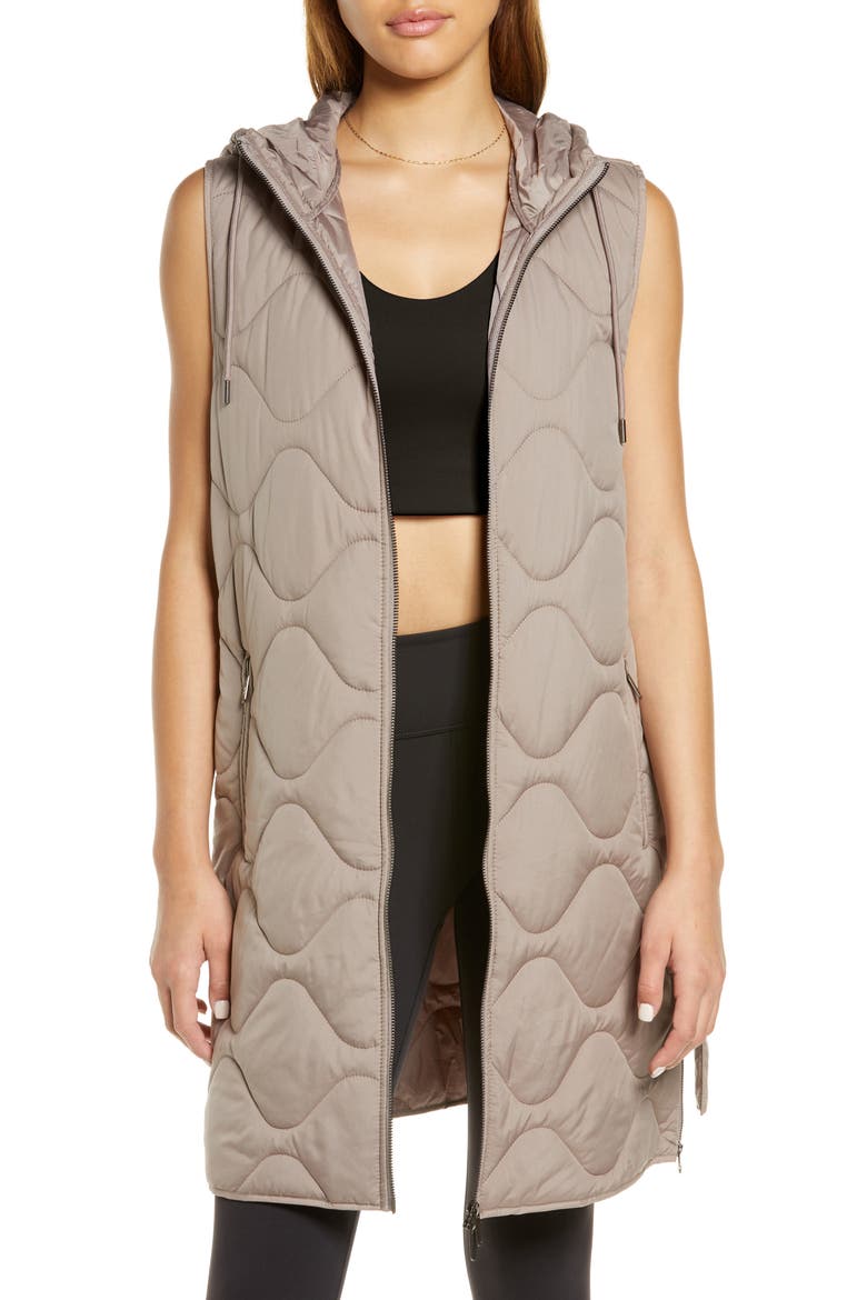 Belted Quilted Longline Recycled Polyester Vest, Main, color, TAN