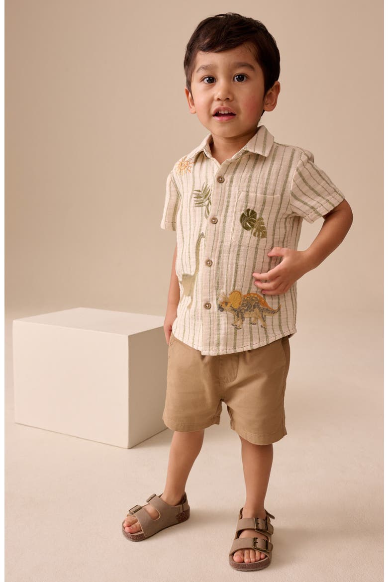 Kids' Dino Embroidered Stripe Short Sleeve Button-Up Shirt, Alternate, color, NEUTRAL