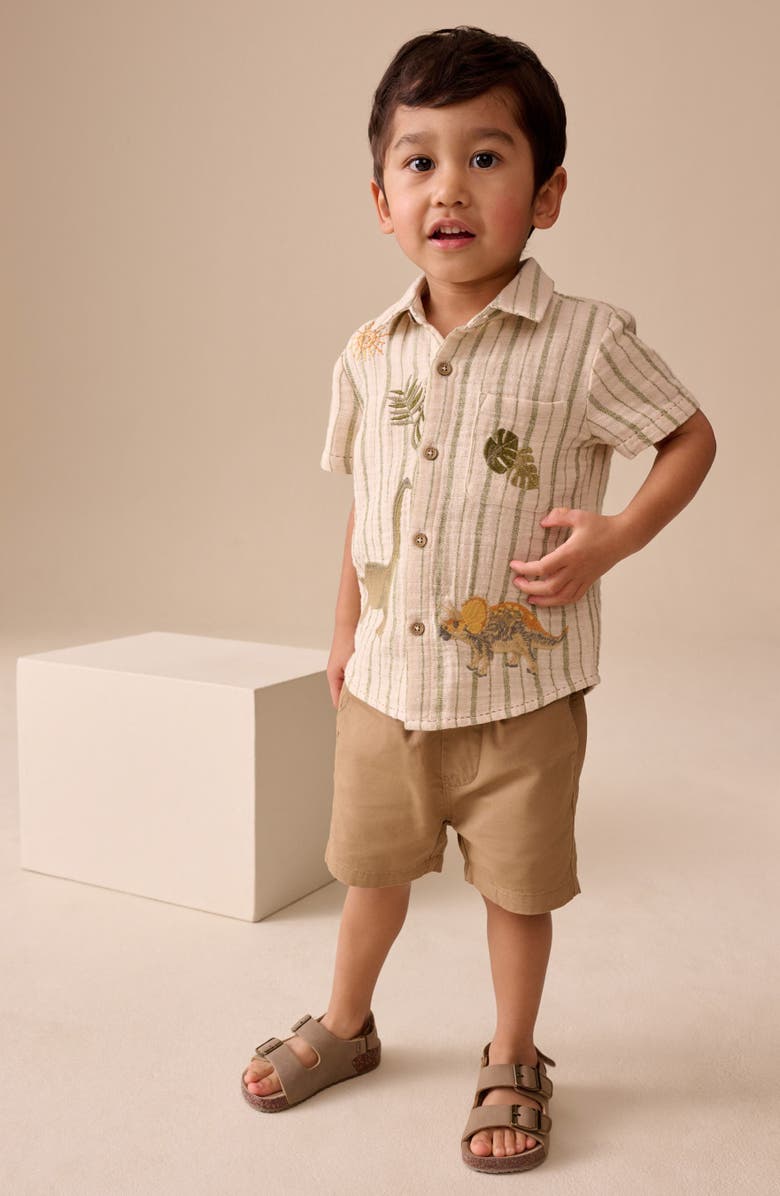 NEXT Kids' Dino Embroidered Stripe Short Sleeve Button-Up Shirt, Alternate, color, Neutral