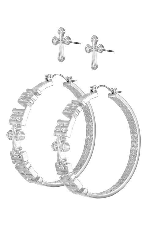 Cross Studs & Logo Hoop Earrings