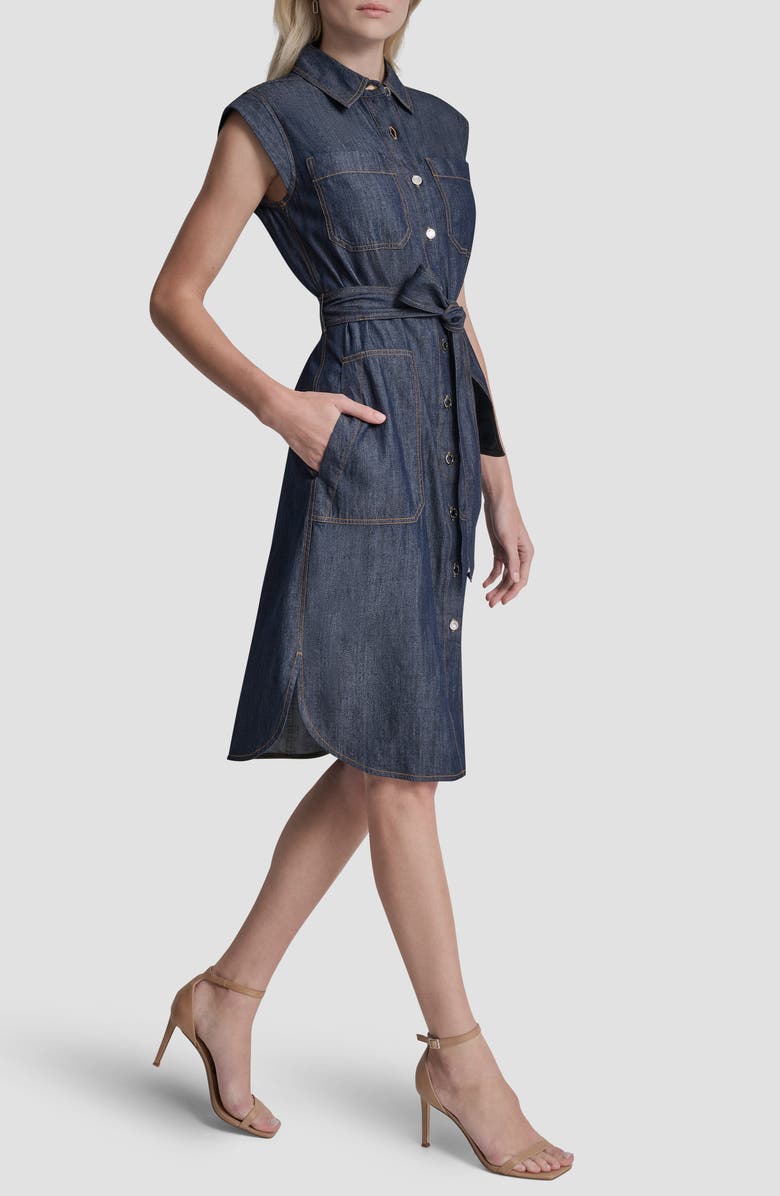 DKNY Cap Sleeve Cotton Blend Chambray Shirtdress, Alternate, color, Dark Benson