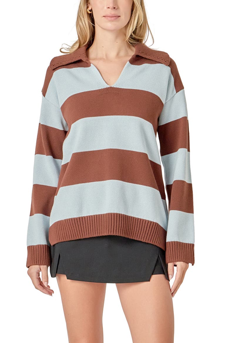 Stripe Cotton Rugby Sweater, Alternate, color, BROWN/ POWDER BLUE