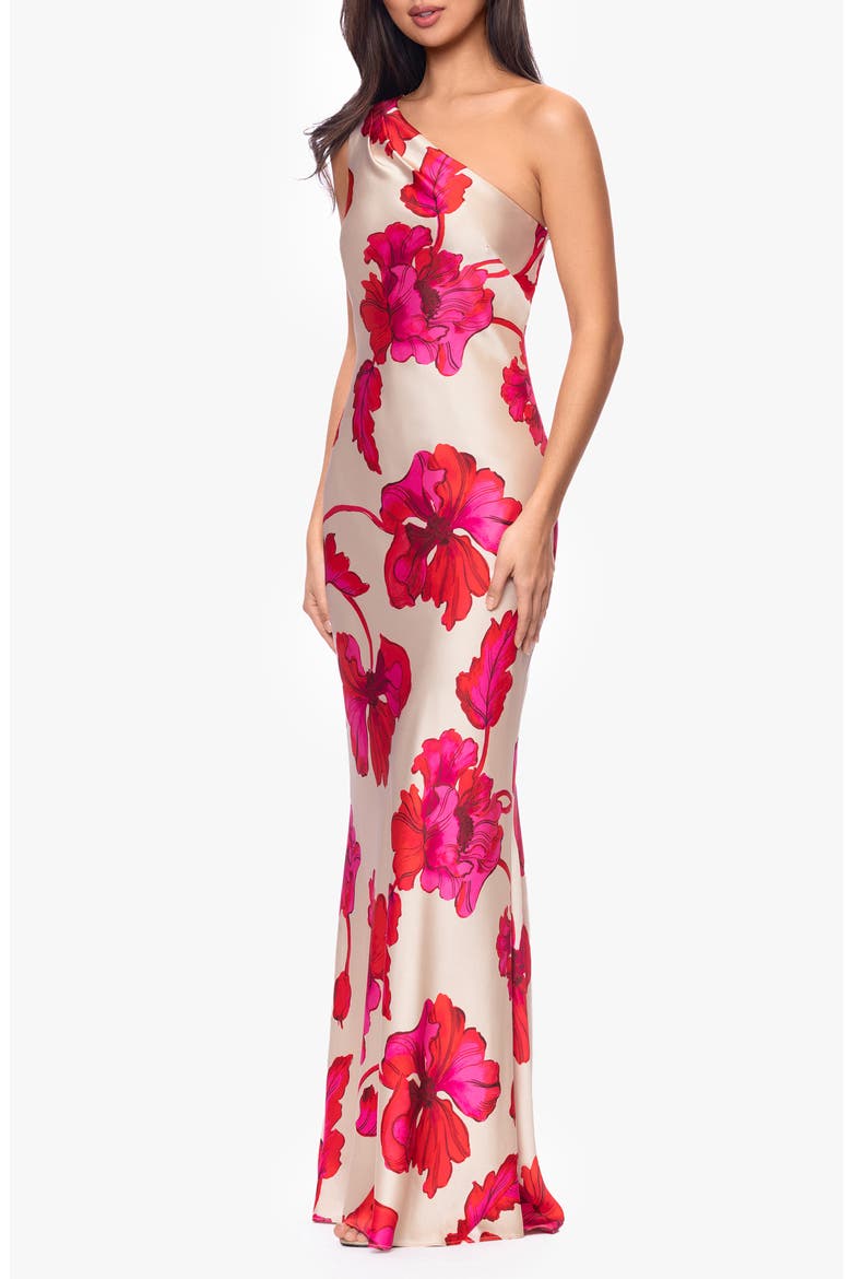Sash One-Shoulder Satin Gown, Alternate, color, RED/ NUDE
