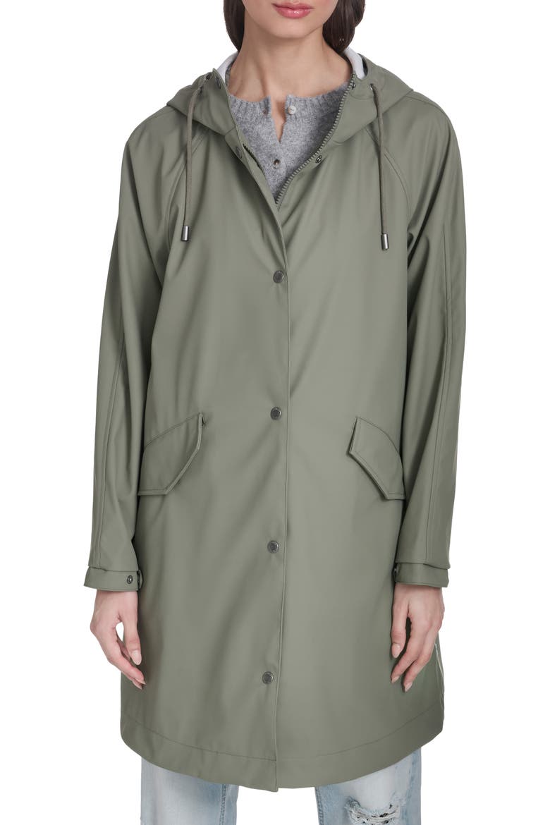 Water Resistant Hooded Long Rain Jacket, Main, color, SAGE