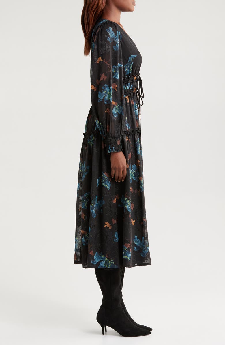 Mila Mae Floral Tiered Long Sleeve Tie Detail Midi Dress, Alternate, color, 