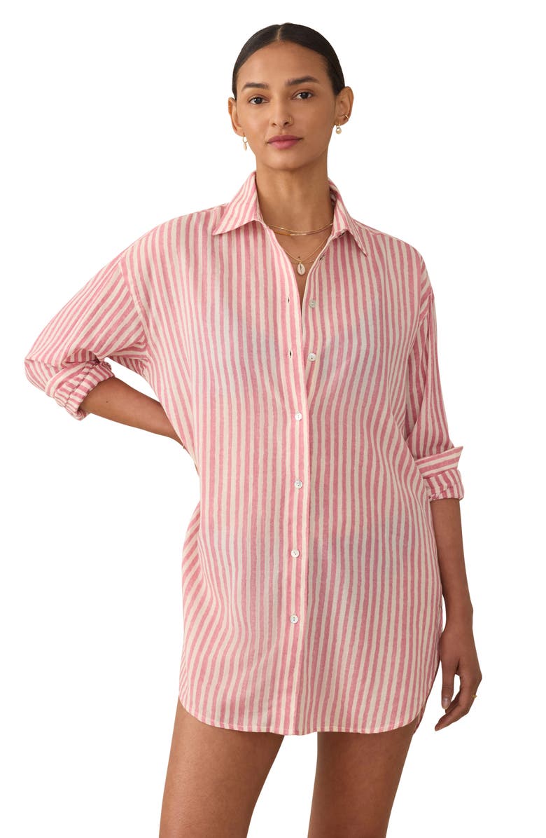 Faherty Haze Long Sleeve Organic Cotton Shirtdress, Alternate, color, Rose Watercolor Stripe