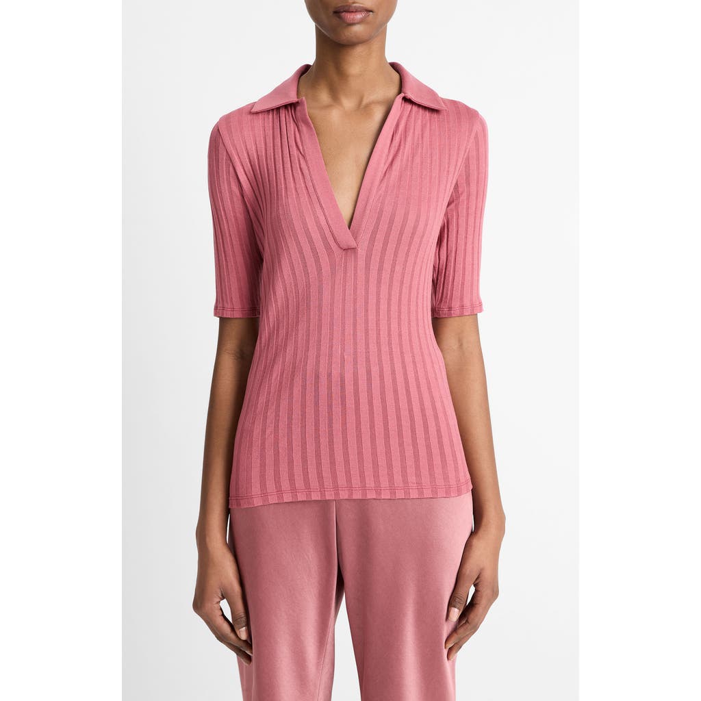 Vince Womens Peony Wood Ribbed V-neck Cotton Polo Shirt In Pink