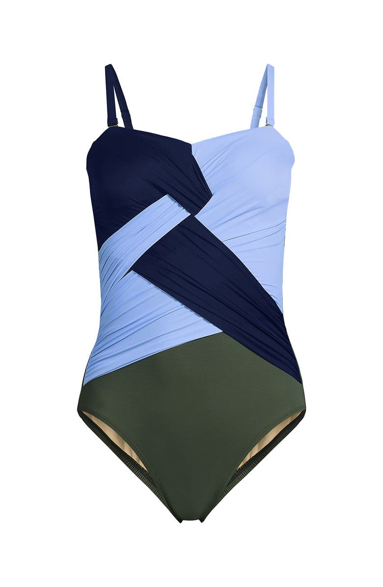 Lands' End Slender Suit Shine Bandeau Tummy Control Chlorine Resistant High Leg One Piece Swimsuit, Alternate, color, Navy/Cloud Blue/Olive Green