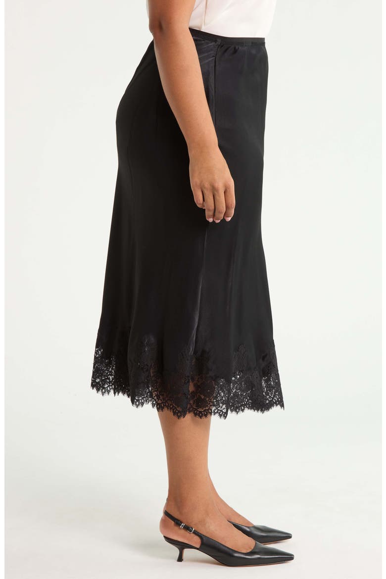 Lace Trim Satin Midi Skirt, Alternate, color, BLACK