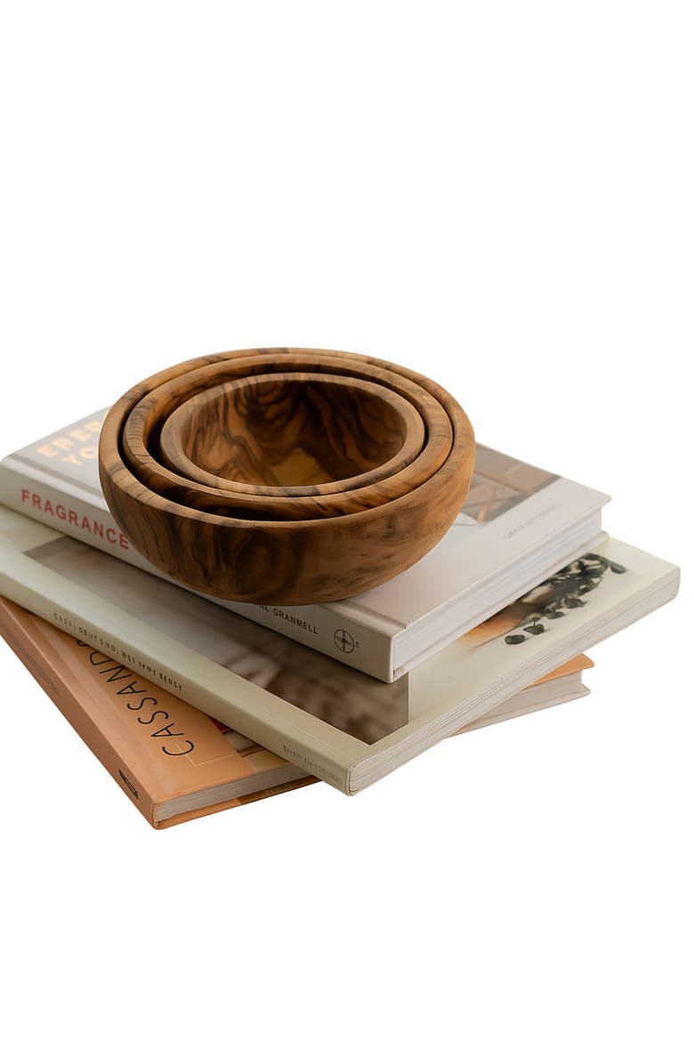 Gharyan Stoneware Natural Olive Wood Nesting Bowls - Set of 3, Alternate, color, Natural