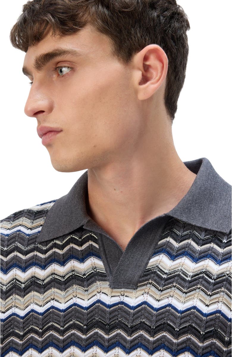 Missoni Long Sleeve Polo With V-neck And Zigzag Pattern, Alternate, color, Grey & Beige