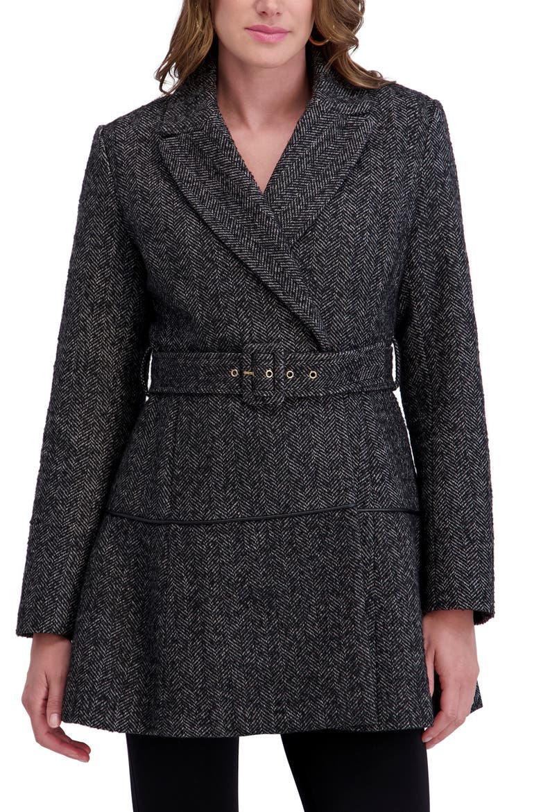 Herringbone Belted Flared Coat, Alternate, color, BLACK/ WHITE