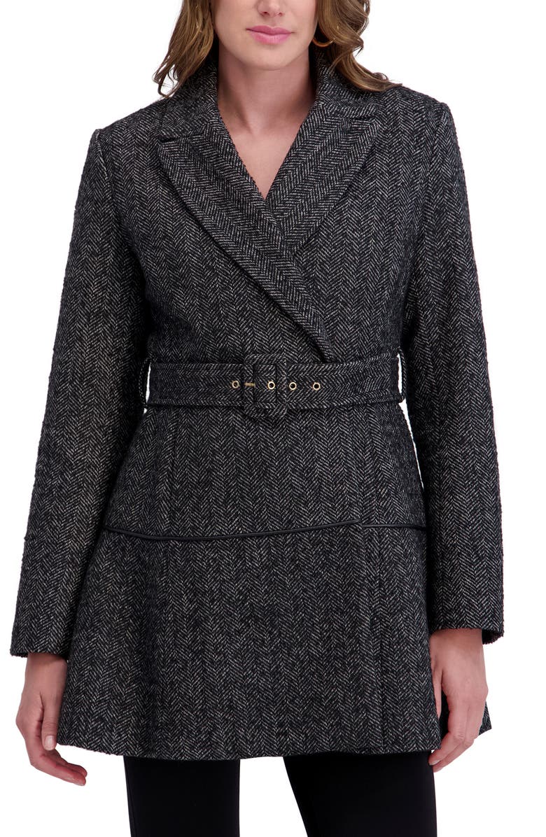 Kensie Herringbone Belted Flared Coat, Alternate, color, Black/ White