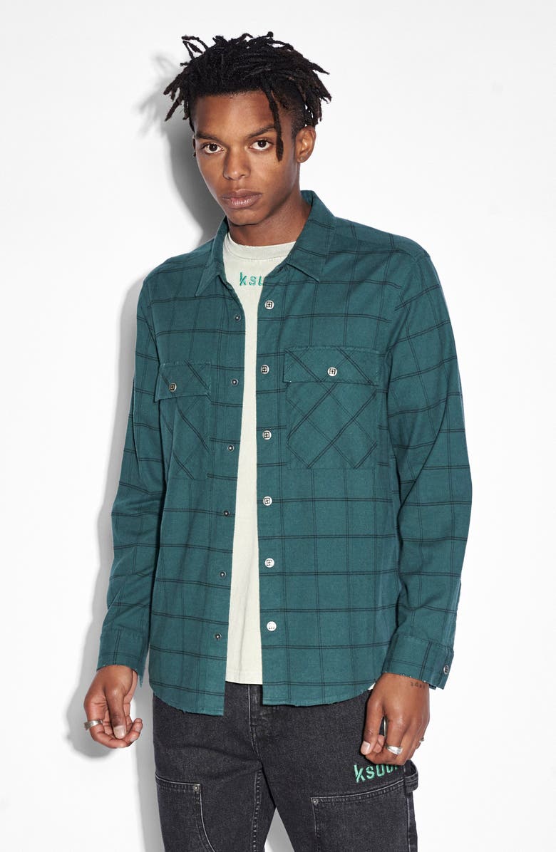 Ksubi Paradox Button-Up Flannel Shirt, Alternate, color, Khaki Fade
