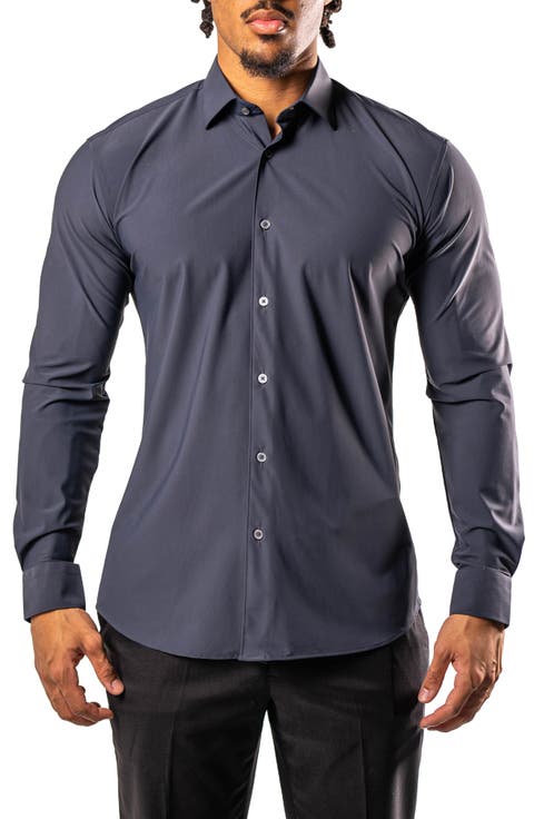 Fibonacci Stretcheurodark Grey Cotton Blend Button-Up Shirt