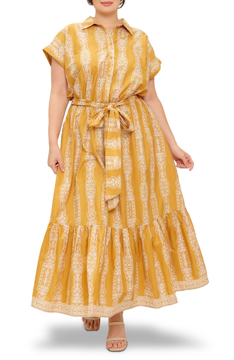 FLYING TOMATO Geometric Floral Stripe Maxi Shirtdress, Main, color, Mustard Ivory