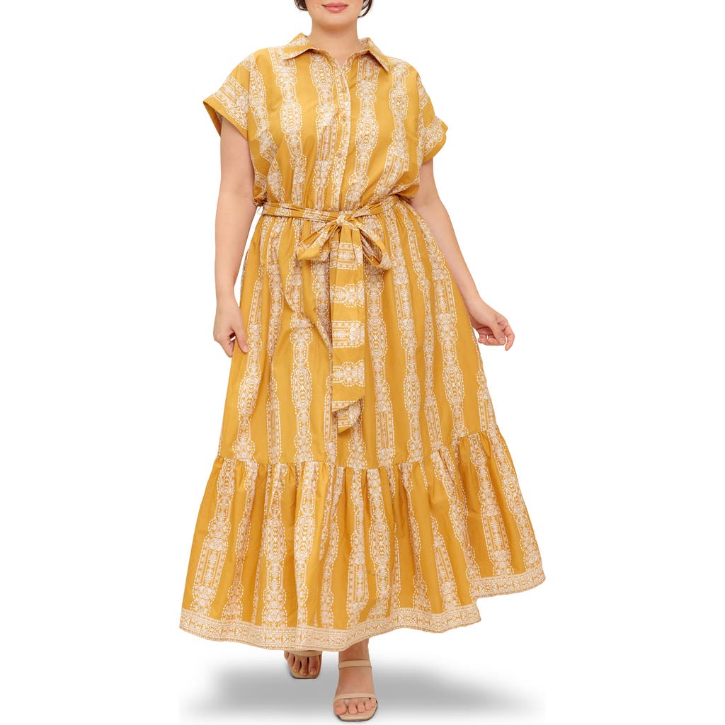 Flying Tomato Geometric Floral Stripe Maxi Shirtdress In Yellow