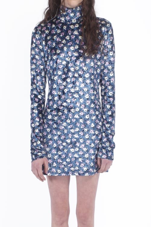 Anna Sui Posie Stretch Velvet Turtleneck Dress In Cornflower Multi