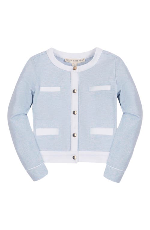 Hope & Henry Girls' Organic French Terry Contrast Trim Cardigan, Kids In Light Blue Heather