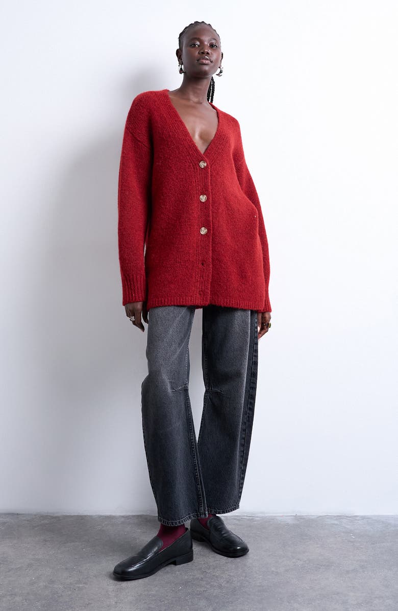 Topshop Easy V-Neck Longline Cardigan, Alternate, color, Red