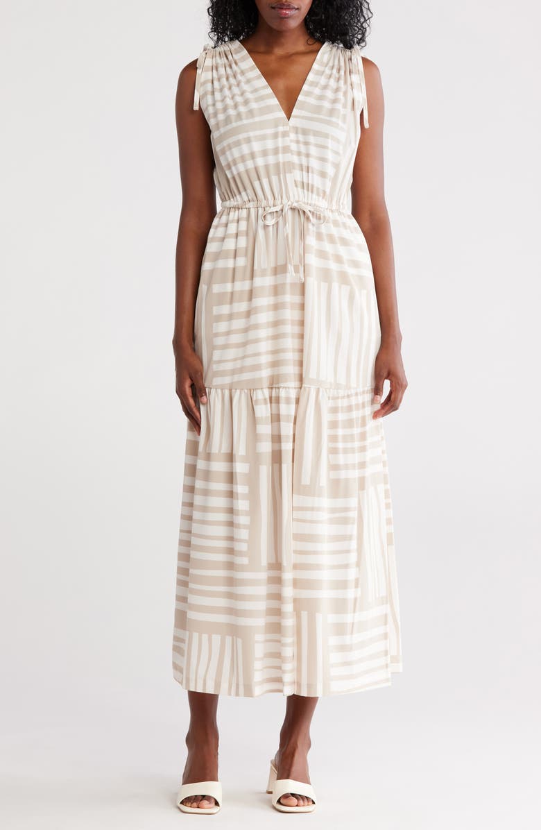 Calvin Klein Stripe V-Neck Drawstring Maxi Dress, Main, color, 