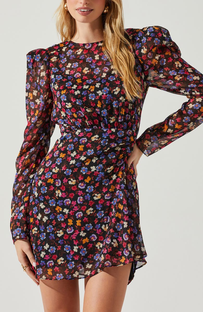 ASTR the Label Cindy Floral Long Sleeve Chiffon Minidress, Alternate, color, Blue Red Ditsy