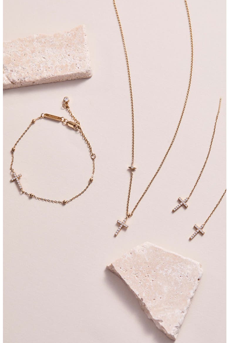 Delicate Pave Cross Threader Earrings, Alternate, color, Gold