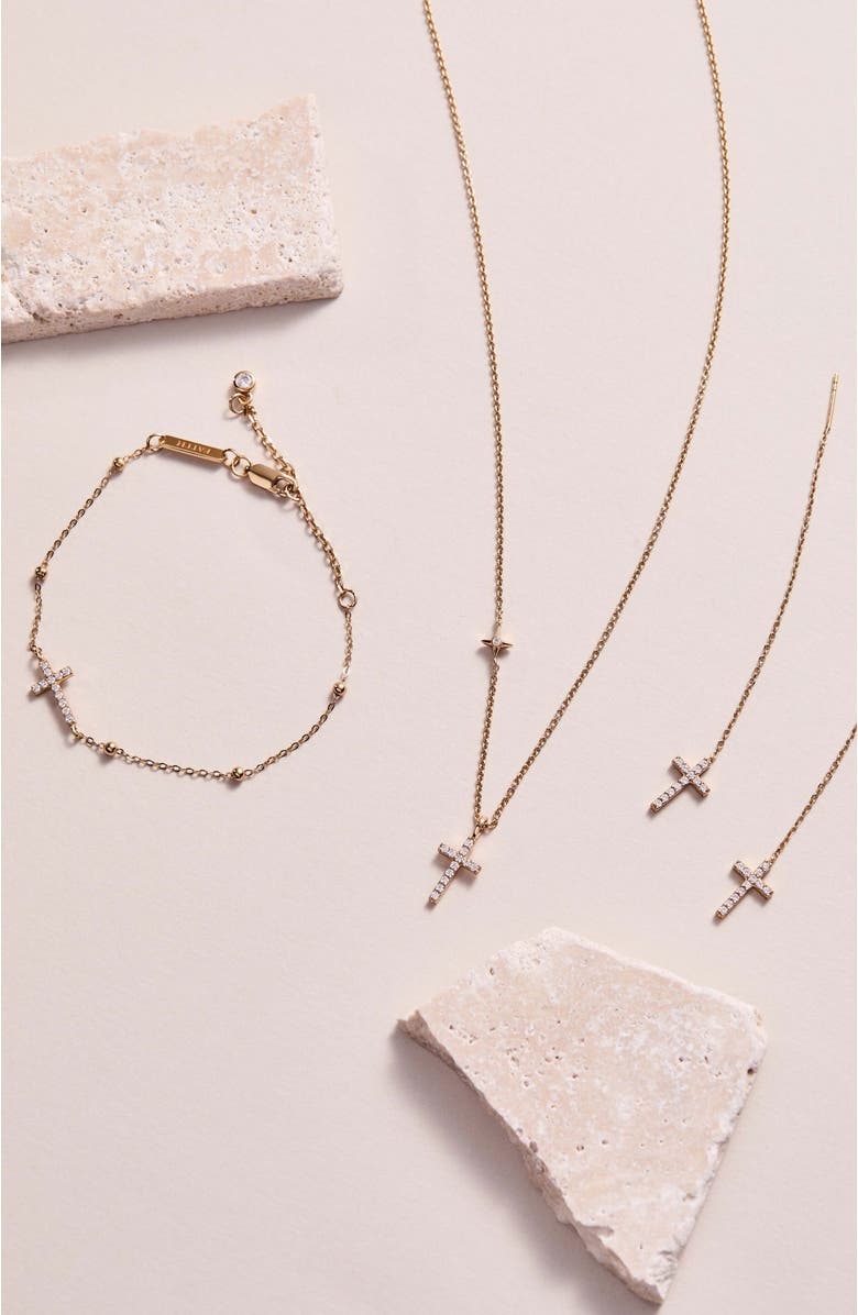 Alex and Ani Delicate Pave Cross Threader Earrings, Alternate, color, Gold