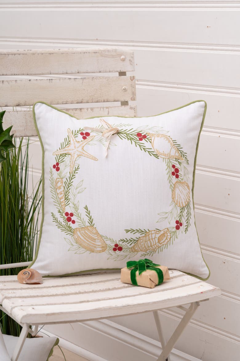 Coastal Tidings Wreath Christmas Throw Pillow 16" x 16", Alternate, color, White