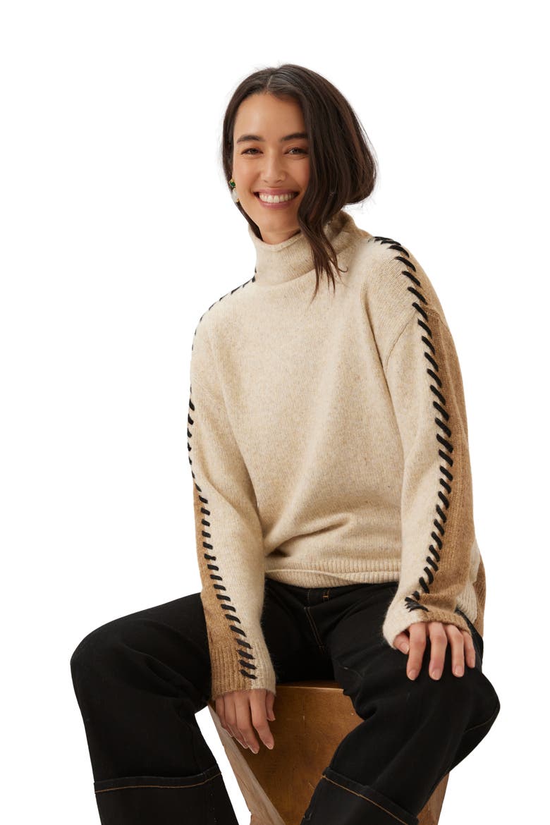 Contrast Stitch Turtleneck Sweater, Alternate, color, OATMEAL/ CAMEL