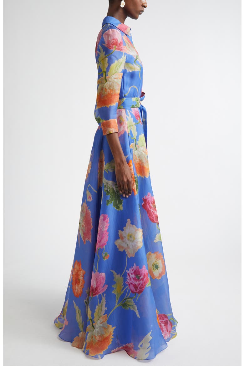 Poppy Print Belted Silk Organza Gown, Alternate, color, BLUEBELL MULTI