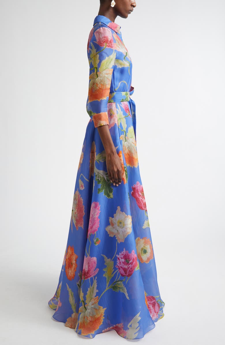 Carolina Herrera Poppy Print Belted Silk Organza Gown, Alternate, color, Bluebell Multi