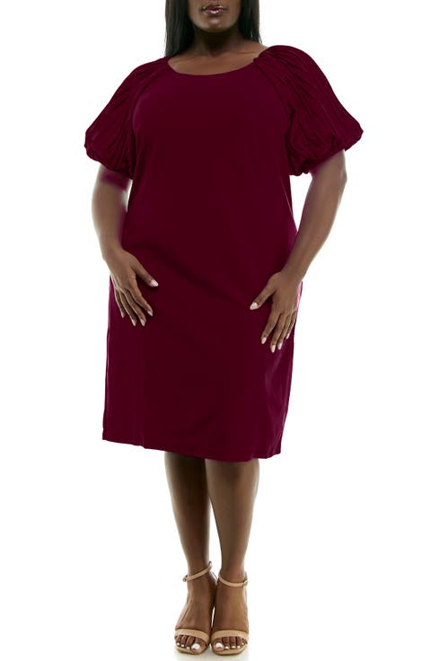 Pleat Puff Sleeve Midi Dress (Plus)