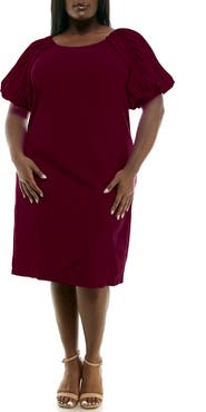 Nina Leonard Pleat Puff Sleeve Midi Dress