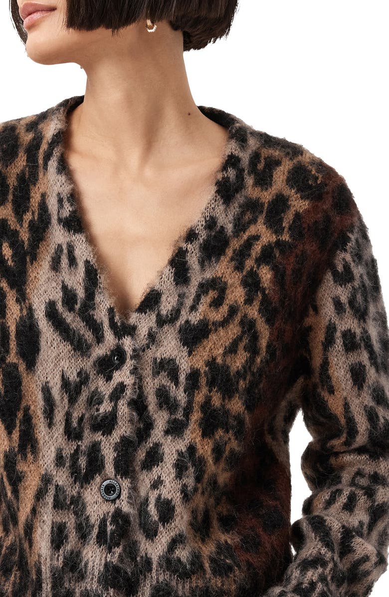 AllSaints Wick Lex Leopard Jacquard Cardigan, Alternate, color, Leopard Brown