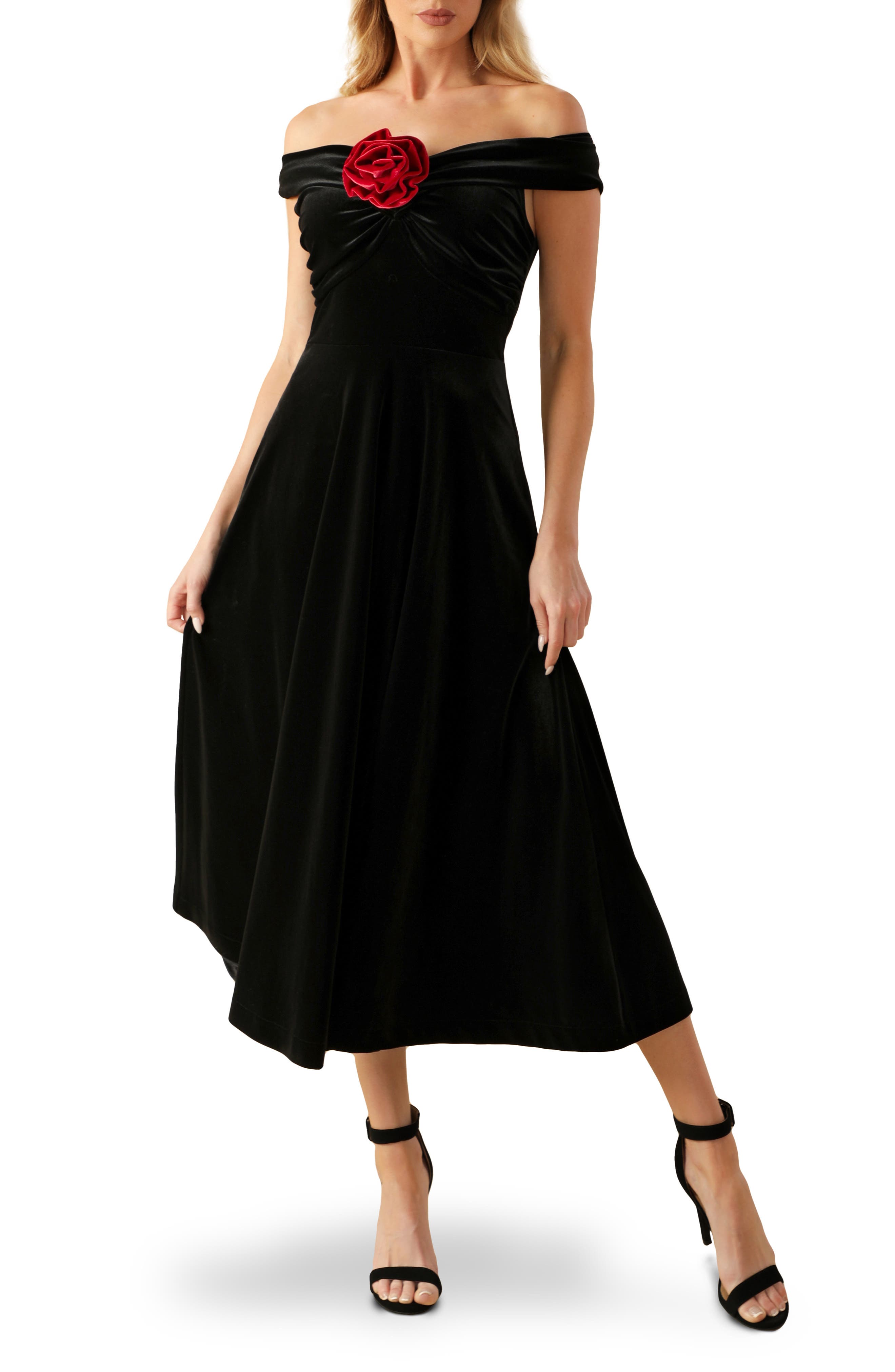 FLYING TOMATO Off the Shoulder Velvet Midi Dress