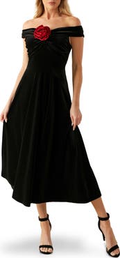 FLYING TOMATO Off the Shoulder Velvet Midi Dress