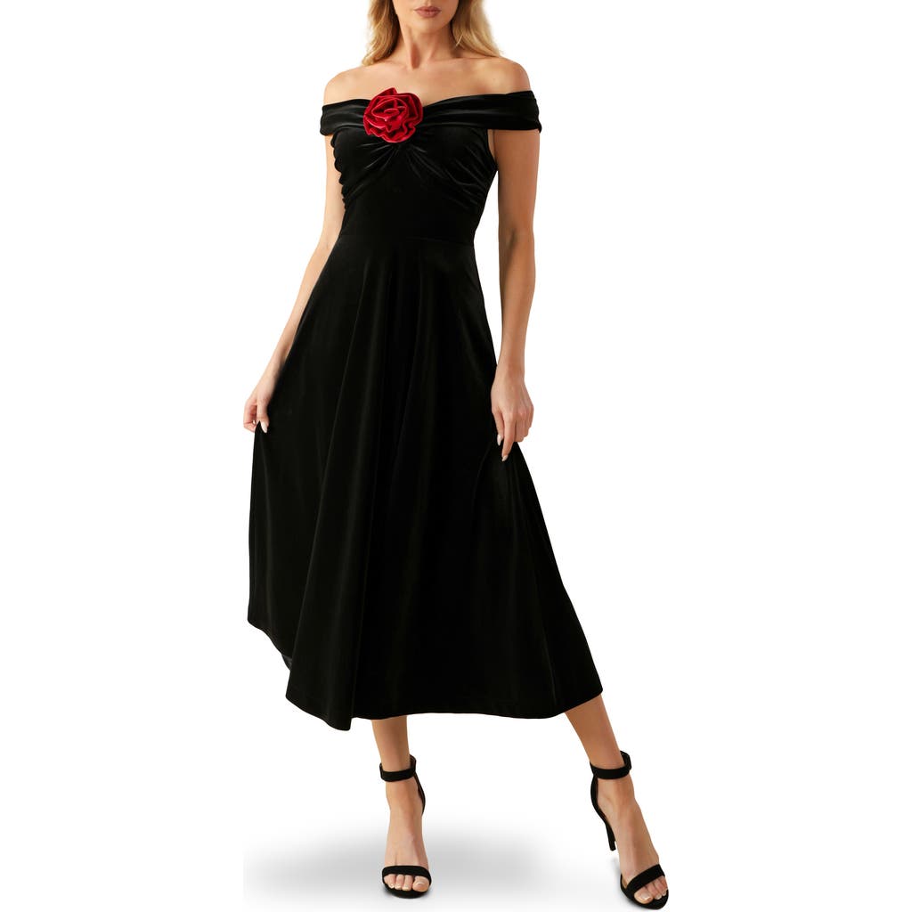 Flying Tomato Off The Shoulder Velvet Midi Dress In Black